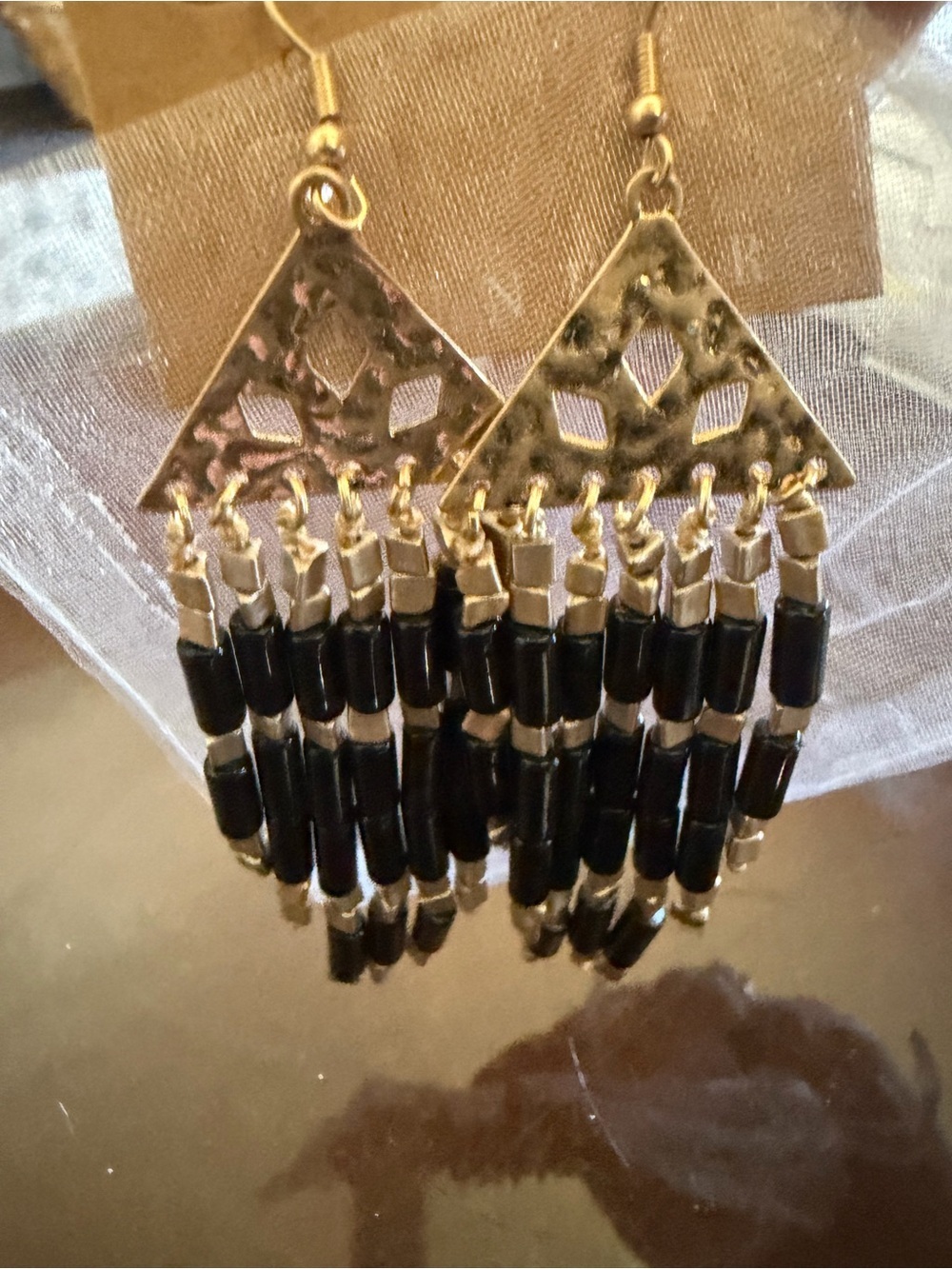 Plunder Gold-Tone Triangle Earrings with Black Beaded Fringe